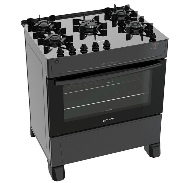 Fogão 5 Bocas De Piso Atlas Mônaco Top Glass Preto Bivolt