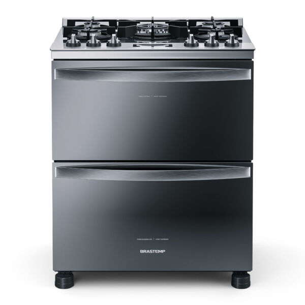 Fogão Brastemp 5 Bocas Duplo Forno Cor Inox Com Mesa De Vidro