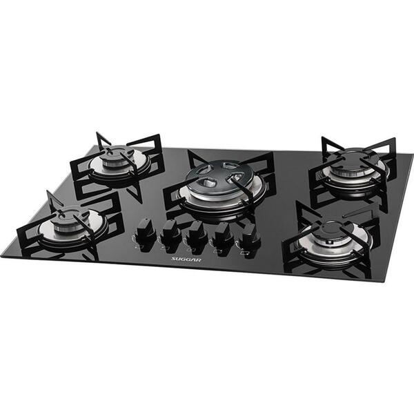 Fogão De Mesa Cooktop 5 Bocas Vidro Preto À Gás Suggar Fg5305