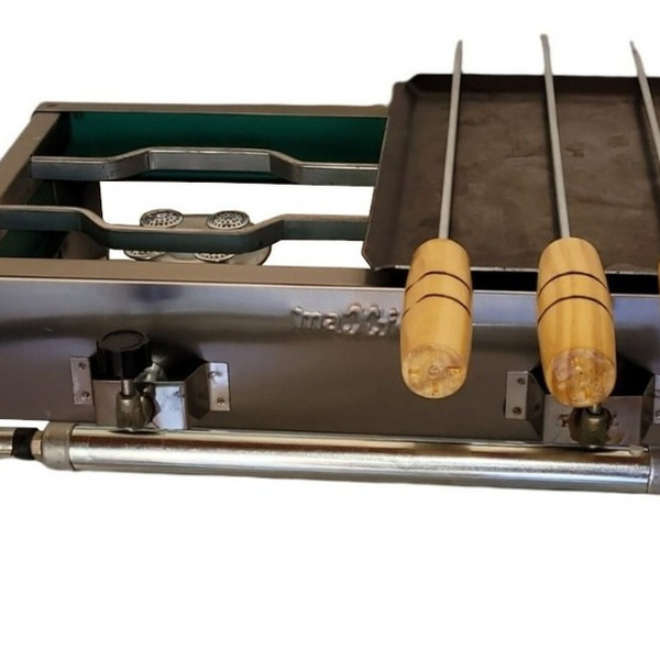 Fogão Inox 2 Bocas C/ 1/2 Chapa Portátil Kit Gás + 4 Espetos