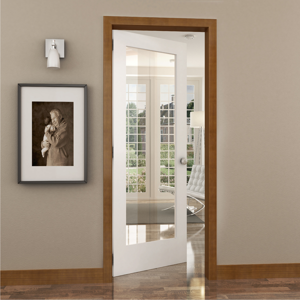 Folha de Porta de Giro de Madeira Sólida com Visor Laca Branco Modelo French 2,10x0,80m Frameport