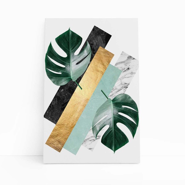 Folhas Tropicais Verde E Dourado Quadro Canvas 140x90cm