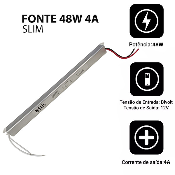 Fonte Slim Drive Bivolt 48w 12v 4a Perfil Fita Led Lustre