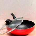 Frigideira Wok Antiaderente 24 Cm Com Tampa De Vidro Vermelho