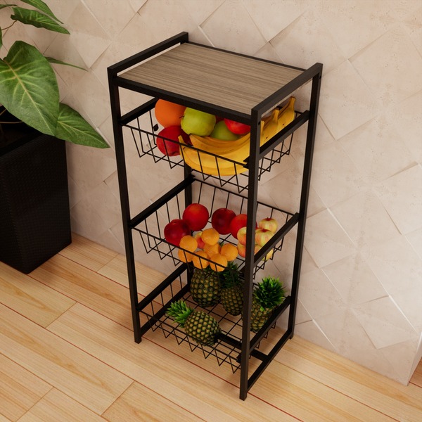 Fruteira 3 Cestos Cozinha Preto Em Aço Base Mdf Amadeirado