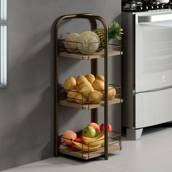 Fruteira Aramada 3 Prateleiras Madeirado Tubos Ouro Velho