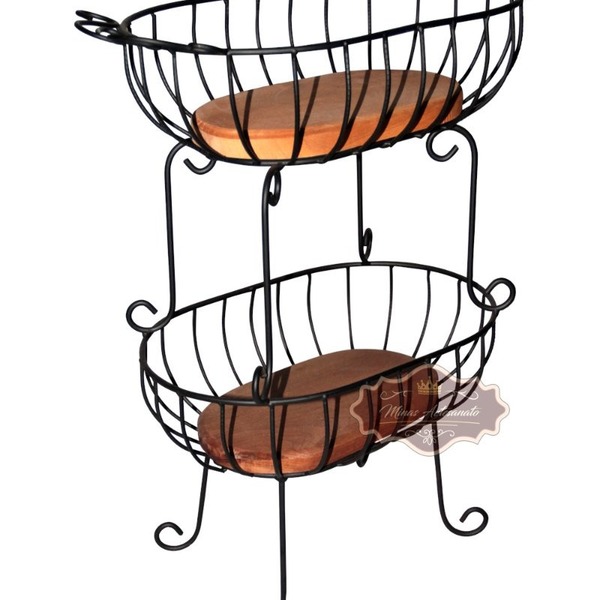 Fruteira Cozinha Madeira Dupla Ferro Preta 60 Cm