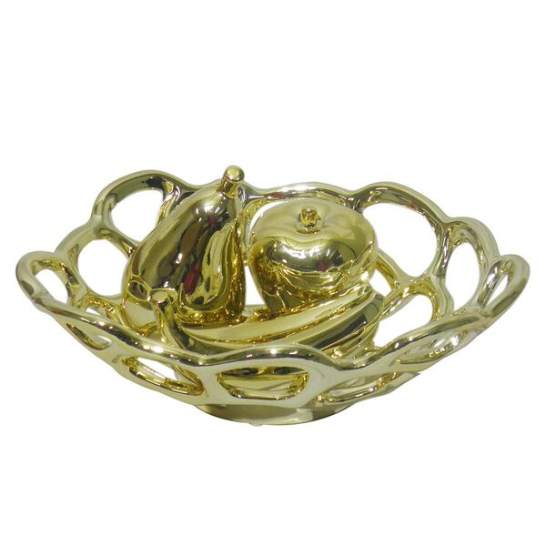 Fruteira Ouro Dourada Kit Maça Pera Banana Decoracao Ceramica