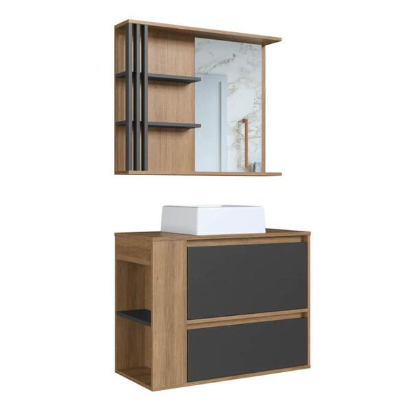 Gabinete 80cm Estela Mel Grafite Cuba Branca Com Espelheira 1