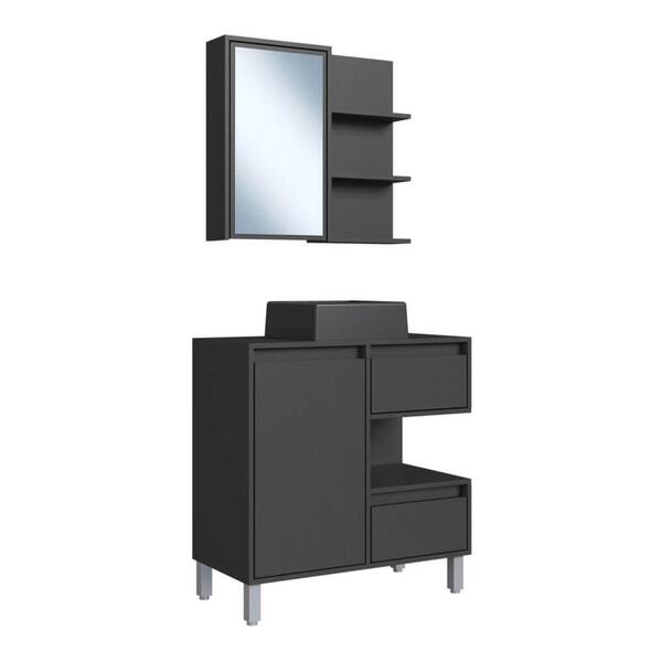 Gabinete 80cm Paula Grafite Com Espelheira Porta Cuba Preta E