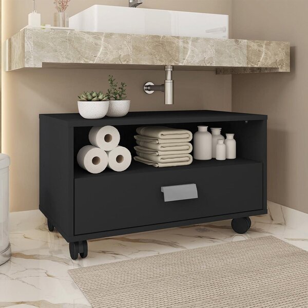 Gabinete Armário Banheiro Com Gaveta E Rodízios Towel Preto