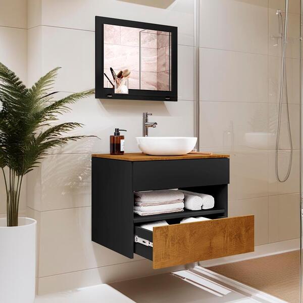 Gabinete Armário Para Banheiro 60 Cm Com Espelho E Cuba Preto