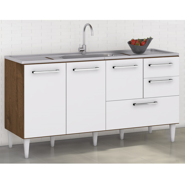 Gabinete Balcão Para Pia 150 Cm Com Gavetão Castanho Branco