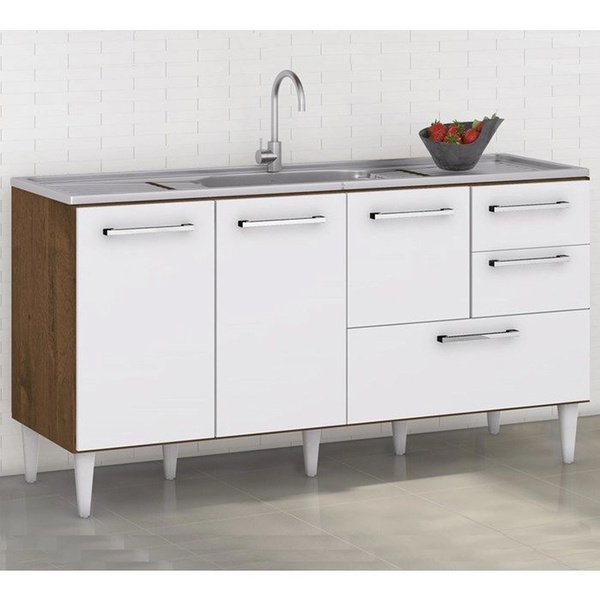 Gabinete Balcão Para Pia De 160 Cm Com Gavetão Castanho Branco