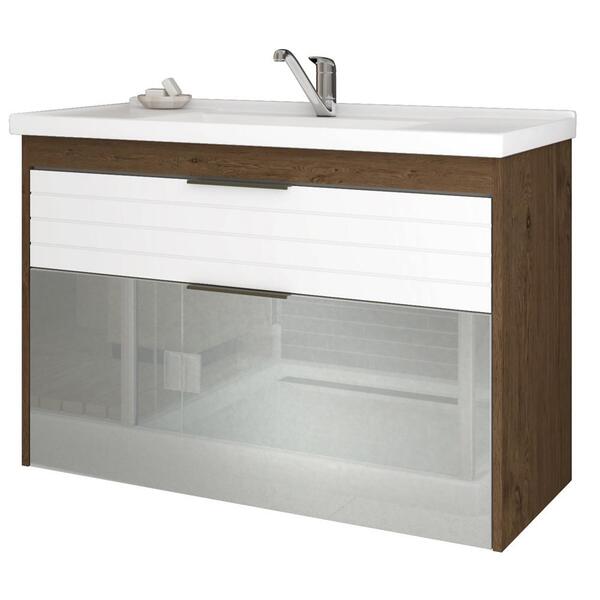 Gabinete Banheiro 80cm Porta Reflecta Com Pia Azaleia Amendo/