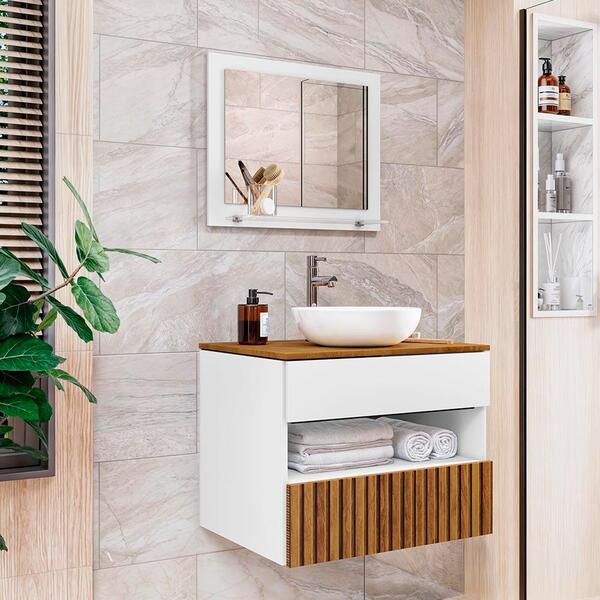 Gabinete Banheiro Com Cuba E Espelho 60 Cm Branco Naturalle R