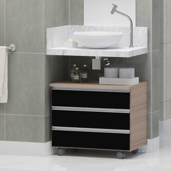 Gabinete Banheiro Joia 60cm Com 3 Gavetas E Rodinha -