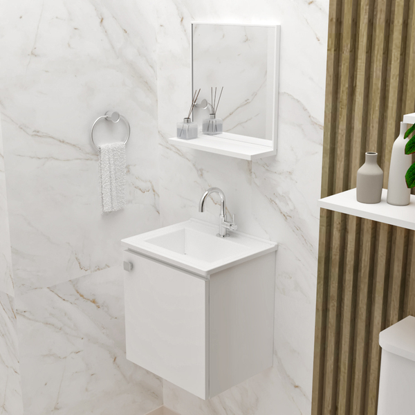 Gabinete Com Espelho Branco Cacau 43x40cm Cuba E Kit Hidráuli