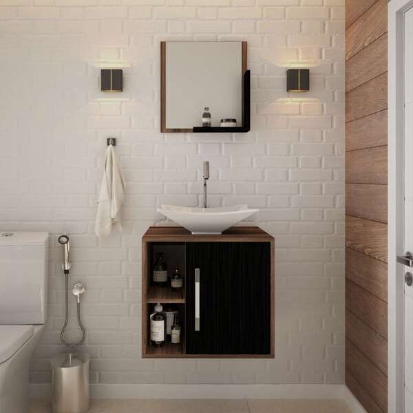 Gabinete Com Kit Cuba  E Espelheira Soft 500 Ii Nogal E Preto