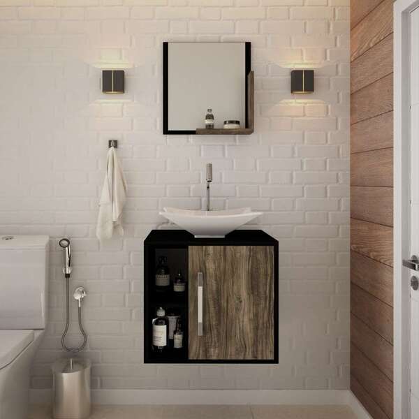 Gabinete Com Kit Cuba  E Espelheira Soft 500 Iii Preto E Carv