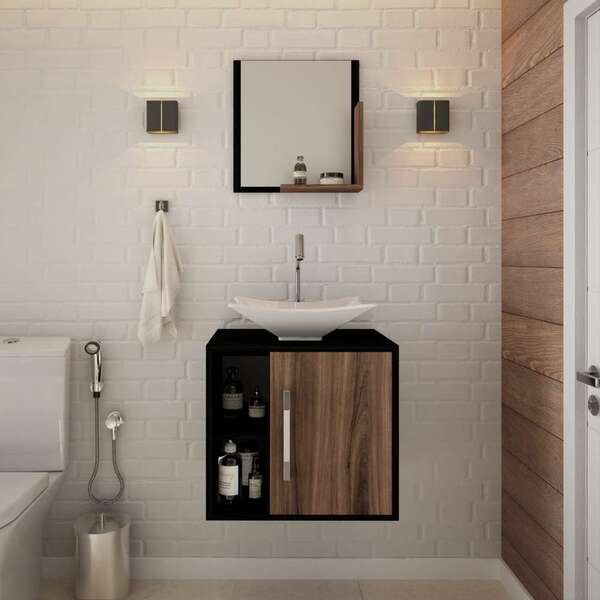 Gabinete Com Kit Cuba  E Espelheira Soft 500 Iii Preto E Nogal