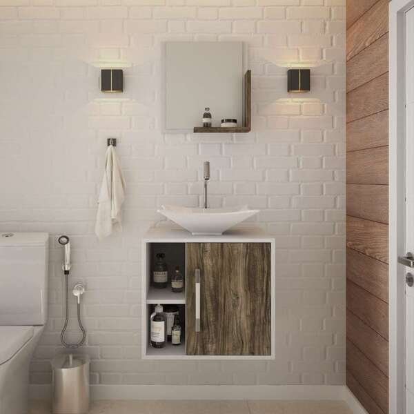 Gabinete Com Kit Cuba E Espelheira Soft 500 Branco E Carvalho