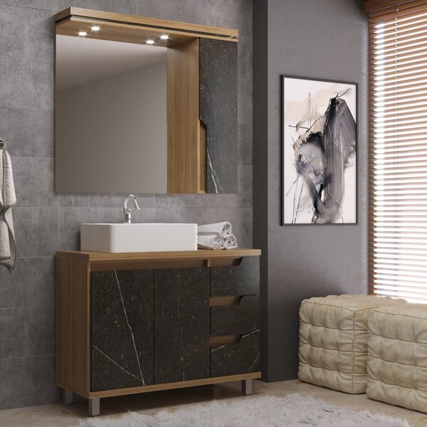 Gabinete De Banheiro 100cm Com Cuba E Armário Com Espelho Ref