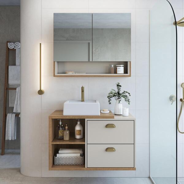 Gabinete De Banheiro 80cm Helena Com Espelheira 02 Portas Mel