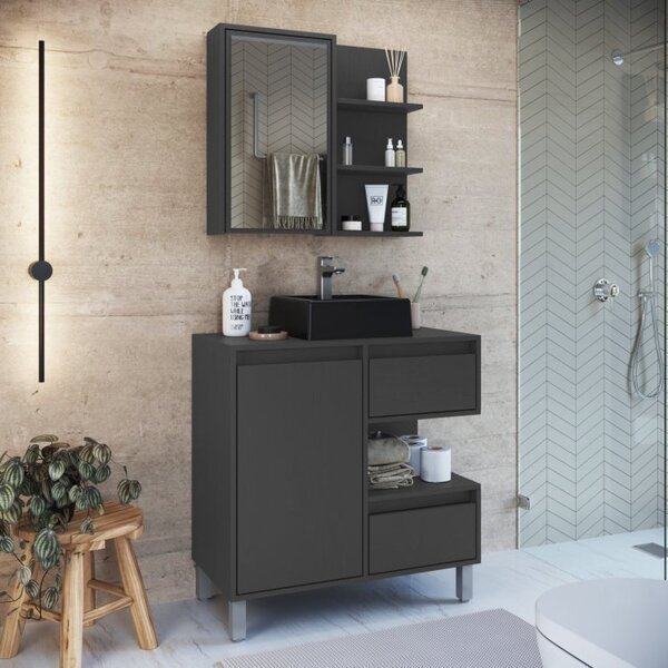 Gabinete De Banheiro 80cm Paula Com Espelheira 01 Porta E Cub