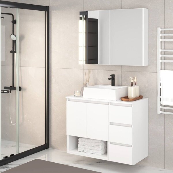 Gabinete De Banheiro 80cm Vitória Com Espelheira E Cuba Branco