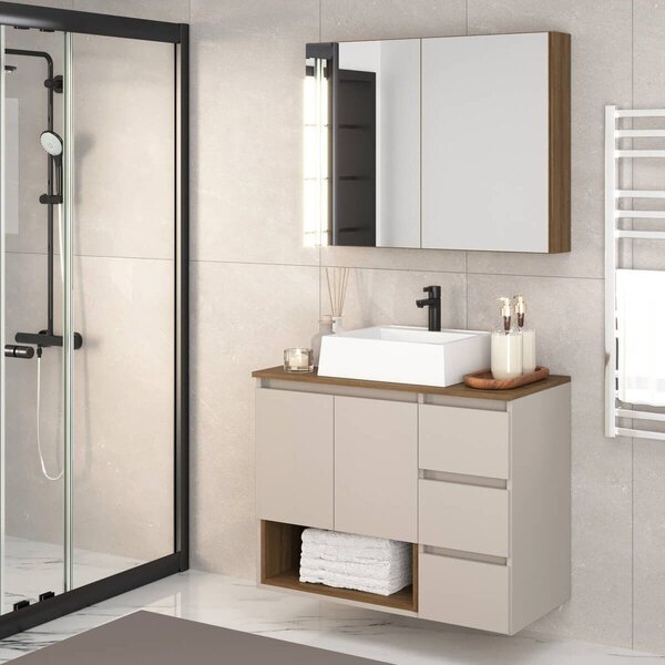 Gabinete De Banheiro 80cm Vitória Com Espelheira E Cuba Mel/a