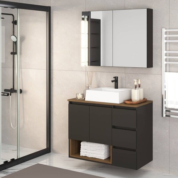 Gabinete De Banheiro 80cm Vitória Com Espelheira E Cuba Mel/g