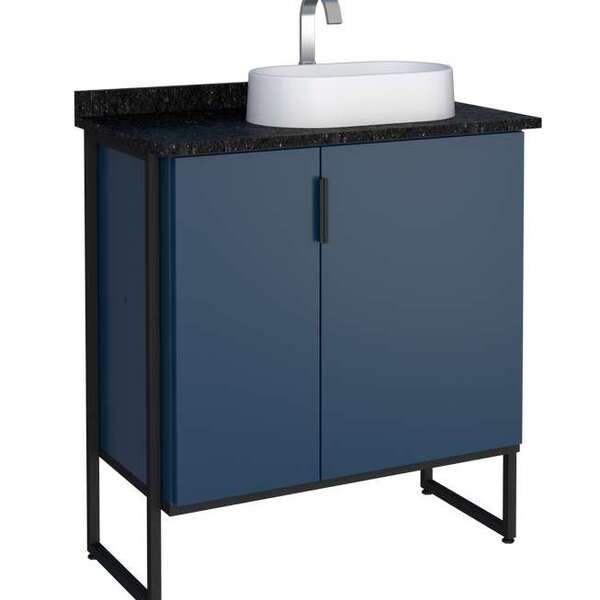 Gabinete De Banheiro Azul Em Madeira Com Tampo Em Granito Sem