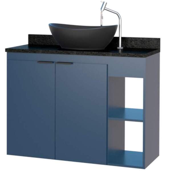 Gabinete De Banheiro Azul Em Madeira Com Tampo Em Granito Sem