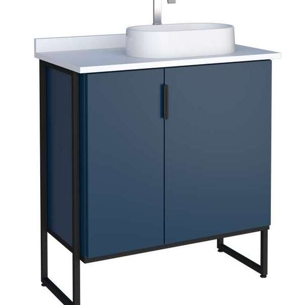 Gabinete De Banheiro Azul Em Madeira Com Tampo Em Porcelanato