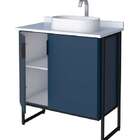 Gabinete De Banheiro Azul Em Madeira Com Tampo Em Porcelanato