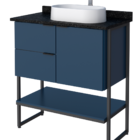 Gabinete De Banheiro Azul Em Madeira Com Tampo Em Porcelanato