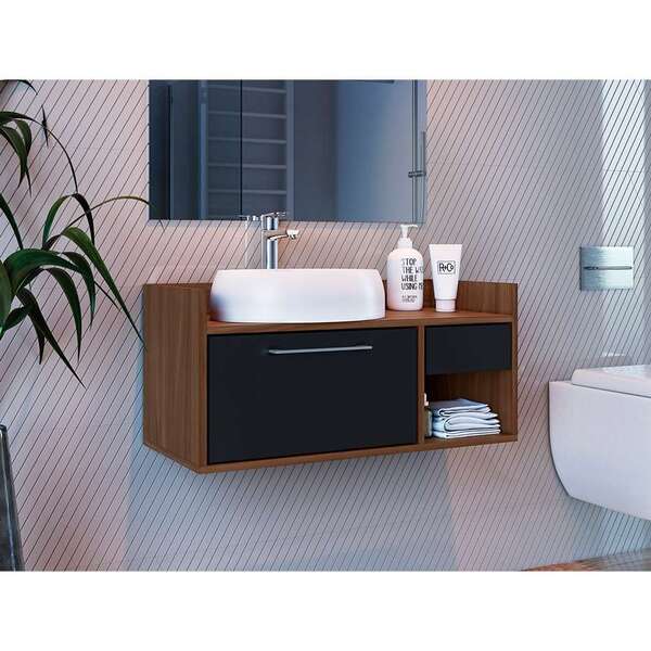 Gabinete De Banheiro Issac 1 Pt Preto E Madeirado 75 Cm