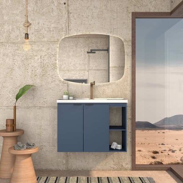 Gabinete De Banheiro Montado Em Madeira Azul 80cm Aster C/ La