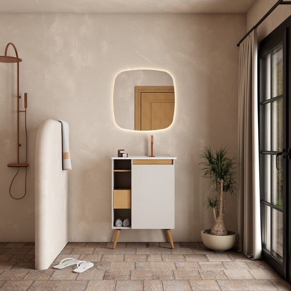 Gabinete De Banheiro Montado Em Madeira Jequitibá/nude 60cm C