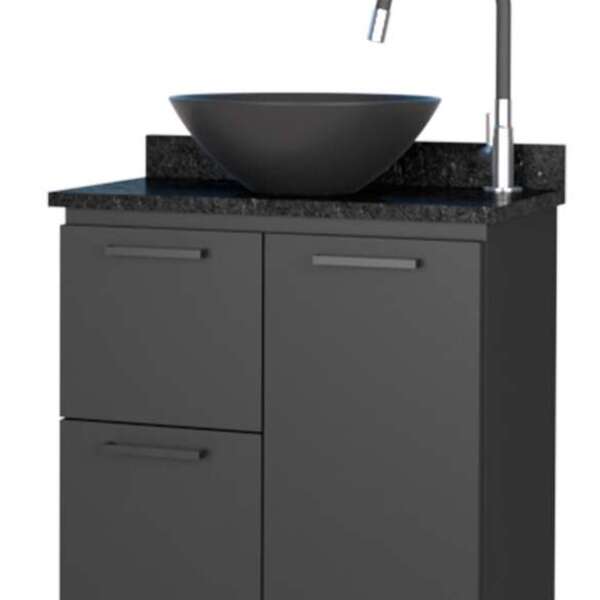 Gabinete De Banheiro Preto Em Aço Com Tampo Granito Sem Cuba