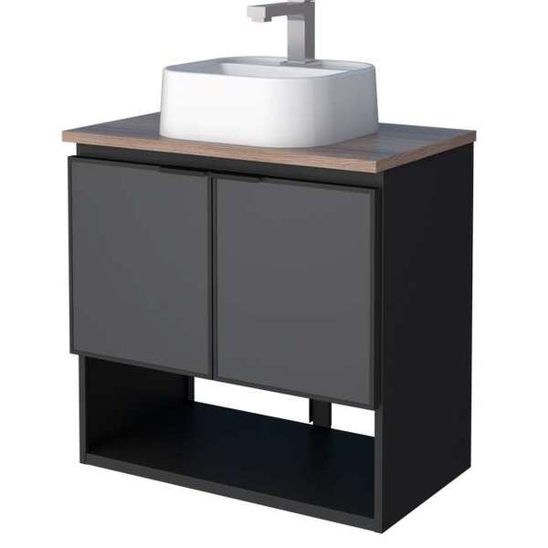 Gabinete De Banheiro Preto Em Aço Com Tampo Mdf E Porta Vidro