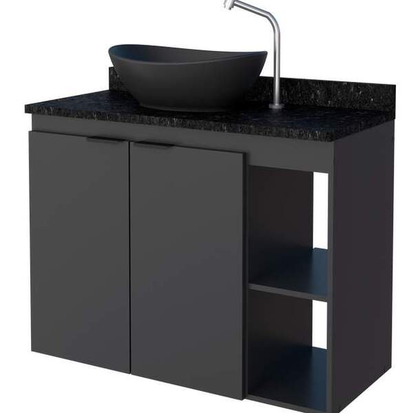 Gabinete De Banheiro Preto Em Madeira Com Tampo Em Granito Se