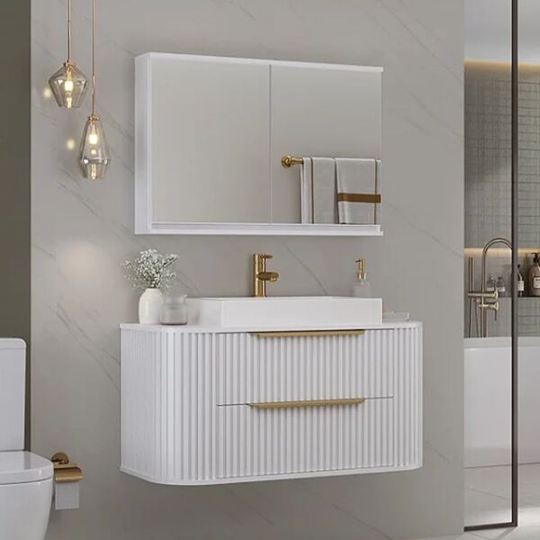 Gabinete De Banheiro Ripado 100cm C/ Curvo Cuba E Espelheira