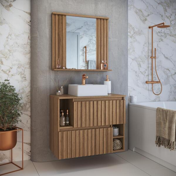 Gabinete De Banheiro Suspenso 75cm Luiza Com Espelheira Mel R