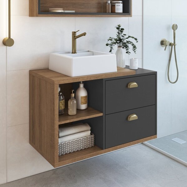 Gabinete De Banheiro Suspenso 80cm Com 2 Gavetas E Cuba Helen