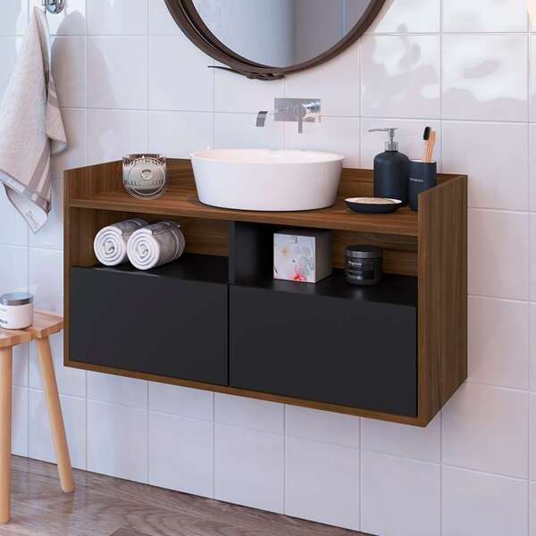 Gabinete De Banheiro Suspenso Barnabé 2 Pt Preto E Madeirado