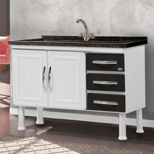 Gabinete De Cozinha 3 Gavetas Aço Durabilidade Gaveta Preta