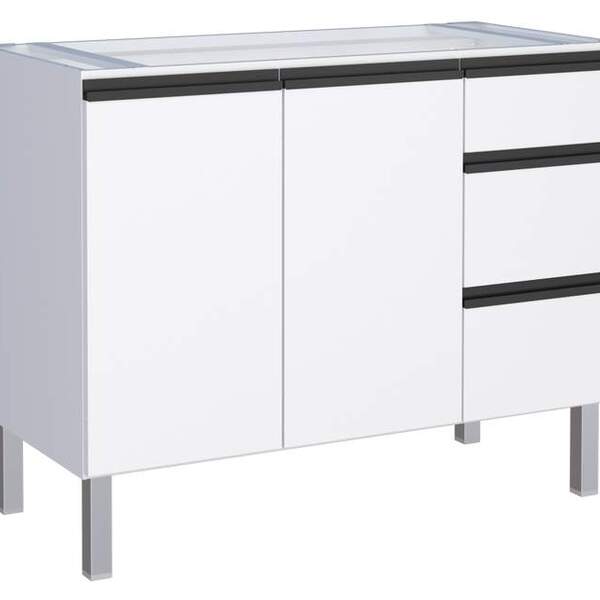 Gabinete De Cozinha Branco Em Aço 115cm Com Puxador Preto Gai