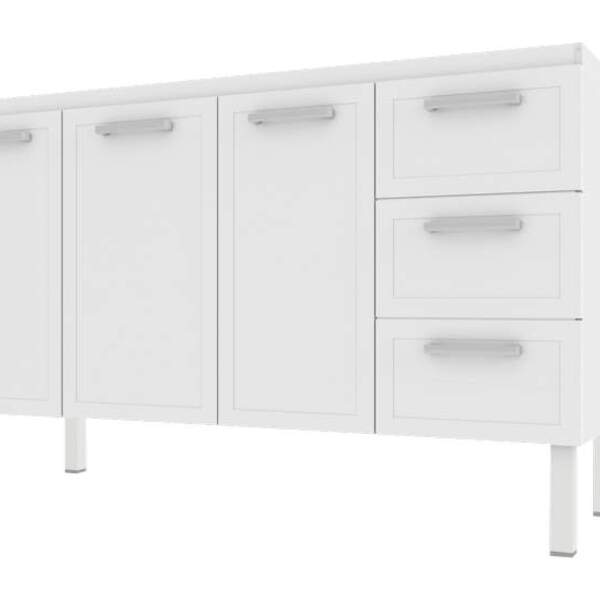 Gabinete De Cozinha Branco Em Aço Montado 144cm 3 Gavetas Apo